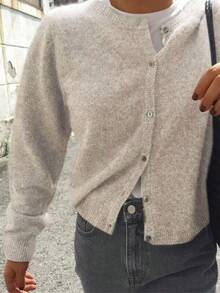 INAWLY Plus Size Casual Solid Color Cardigan, Autumn/Winter Fall - Apricot - View 4