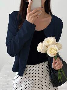 DAZY Women's Solid Color Round Neck Casual Long Sleeve Loose Open Front T-Shirt,Fall Clothes - Blue - View 5