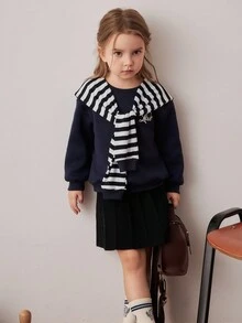 PrepCrw Young Girls' Collegiate Style Round Neck Sweatshirt/Shawl Set Fall Winter - Blue and White - View 7