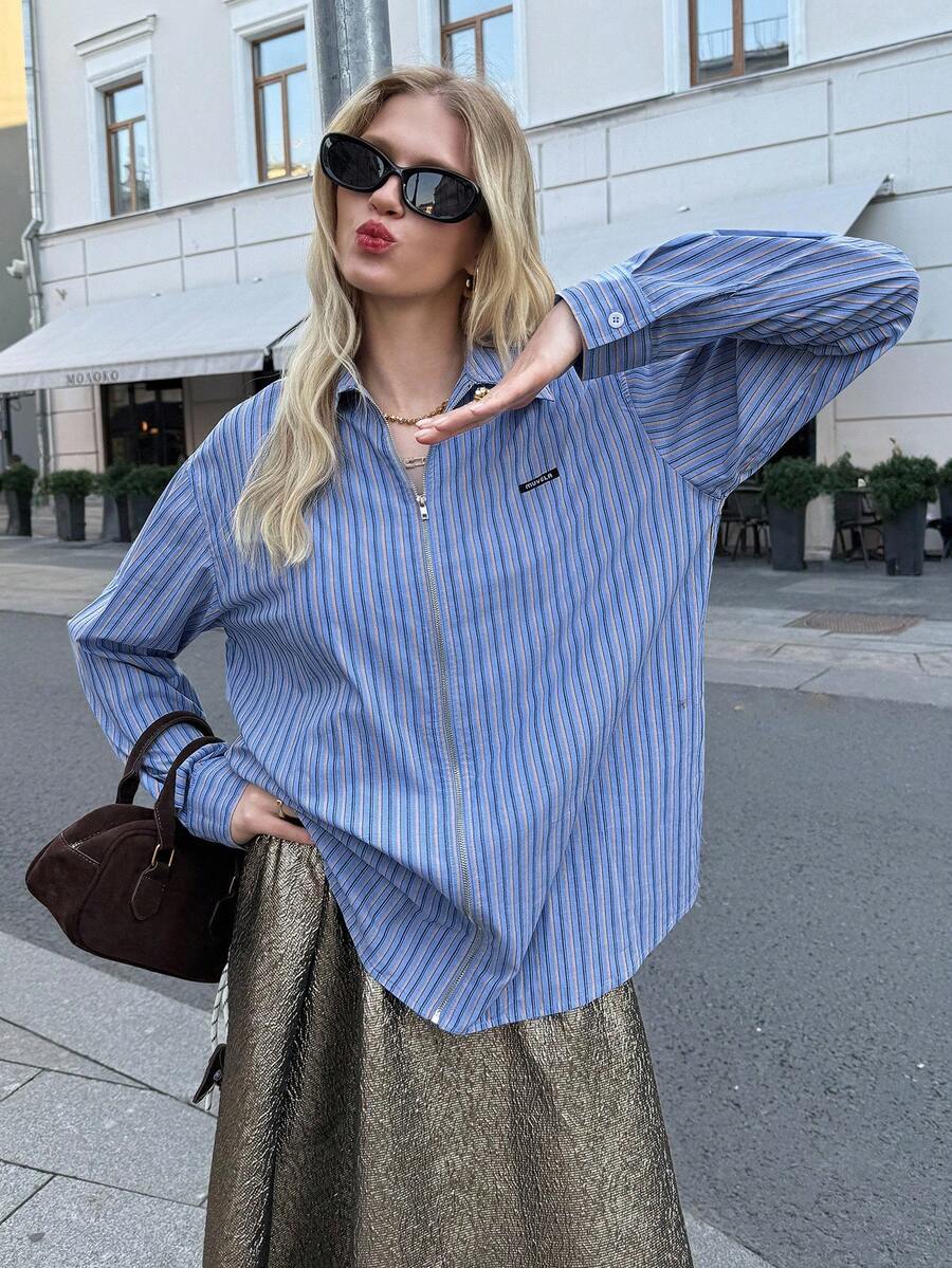 Muvela 2025 秋冬新款复古优雅女士奢华情人节约会下午茶派对婚礼生日优雅休闲返校教师节女士拉链前长袖条纹衬衫复古学院风返校老钱风 - 彩色 - 查看 1