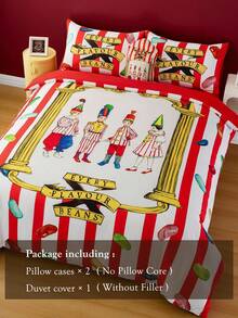HARRY POTTER X SHEIN 三件套果冻豆印花床上用品套装，磨毛面料，柔软保暖，红色条纹被套，适用于单人床/双人床/大号床/特大号床，圣诞节礼物之选