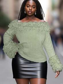 Veslaya 2025年新款大码牛油果绿露肩羊毛长袖修身套头衫 - 綠色 - 查看 7