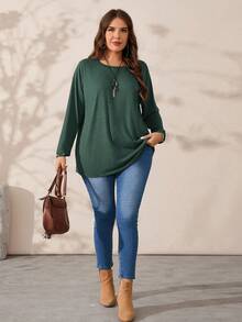 EMERY ROSE Plus Size Round Neck Long Sleeve Casual Loose Soft Appealing Winter T-Shirt,Fall Clothes - Dark Green - View 3