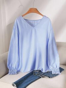 CosyJoli Áo sơ mi sọc dài tay cổ chữ V rộng rãi, tối giản, thoải mái, đa năng, cỡ lớn dành cho nữ, mùa thu/đông - Xanh và trắng - Xem 3