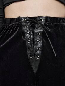 ROMWE Goth 哥特式宫殿风格万圣节月亮十字架刺绣装饰天鹅绒裤 - 黑色 - 查看 5