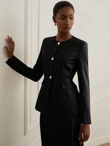 Revavyn Áo khoác Blazer tay dài dáng rộng cổ tròn khóa kim loại màu trơn thanh lịch tối giản sang trọng cổ điển đa năng dành cho nữ đi làm - màu đen - Xem 4