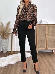 SHEIN LUNE Women's Leopard Print Long Sleeve Shirt And Black Pants 2 Pieces Set,Elegant Chic Autumn Winter Office Outfits For Women - Multicolor - View 8