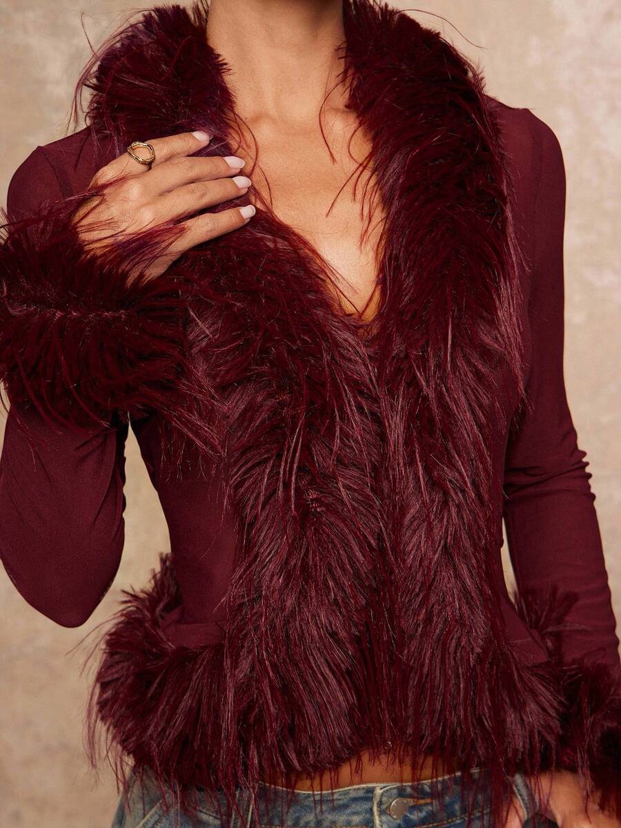 Lumalex Winterlicher Faux-Pelz Patchwork Kragen & Manschetten, transparente Mesh Taille Damen Top in Burgunderrot, Federn Kleid in Bordeauxrot, Luxus Abendkleid für Feiern, Partys, Hochzeiten, Urlaub, Weihnachten und Silvester