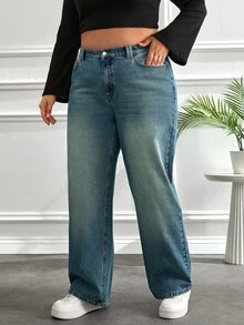 EURMUSE PLUS SIZE HIGH WAIST JEANS DENIM PLUS SIZE HIGH WAIST JEANS Jeans Wide Leg Curvy Jeans Plus Size Jeans Plus Size Wide Leg Jeans - أزرق متوسط - مشاهدة 4