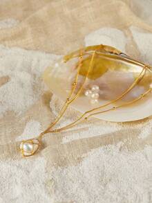 Opalesca 不对称仿珍珠吊坠项链，适合日常佩戴 - 金黃色 - 查看 3