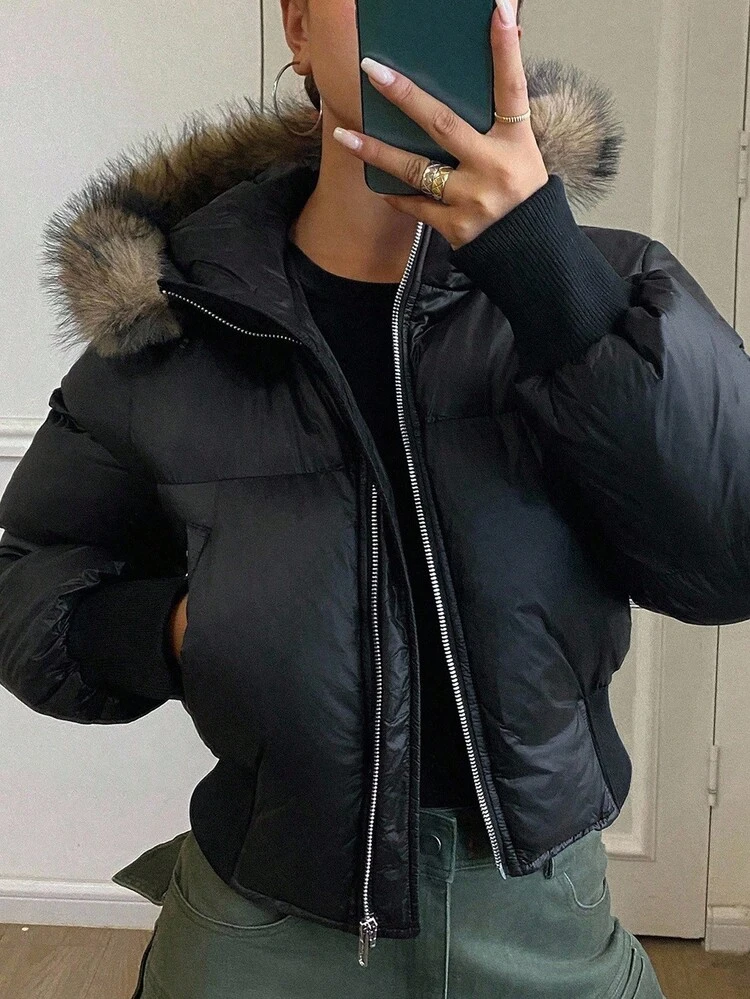 Women's Padded Coat With Hood, Feather Patchwork Trim, Fitted European Style, Black Short Padded Coat With Fur Collar And Loose Fit Winter Black Jacket Women Black Crop Jacket Outerwear Women Women Jackets Winter Jacket For Women