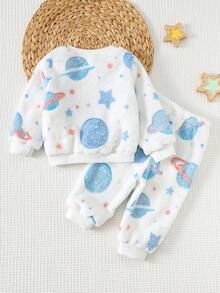 Cozy Pixies 2 piezas/Set Sudadera de felpa gruesa con estampado de planetas y pantalones de cintura elástica para niño pequeño, 2 piezas/Set Pijama de suéter de cuello redondo de punto suave forrado de felpa y pantalones, estilo básico clásico y cómodo adecuado para el hogar, uso diario, festivales, Halloween, Navidad, adecuado para invierno, otoño, Navidad