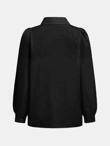 SHEIN Camicetta dolce a maniche lunghe con colletto alla coreana, in colore nero tinta unita, adatta per ragazze adolescenti, stile casual, da casa, da strada, per pendolarismo, clean girl, stile Y2K, adatta per primavera, estate, autunno, inverno