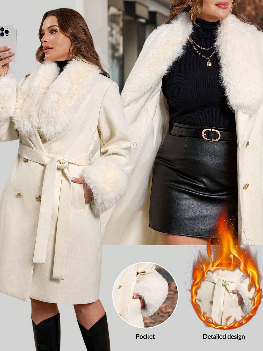 Reflora White Elegant Semi Formal Curvy Plus Size Women's Furry Collar Double-Breasted Overcoat,Warm Soft Long-Sleeved Overcoat With Inner Pockets,Autumn 2025 - Apricot - View 1