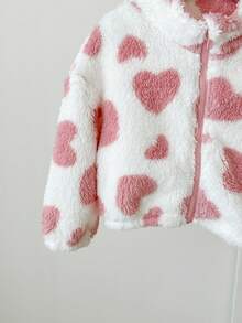 SHEIN LMoss Kids 女婴拼色毛绒心形印花拉链休闲保暖夹克 - 彩色 - 查看 4