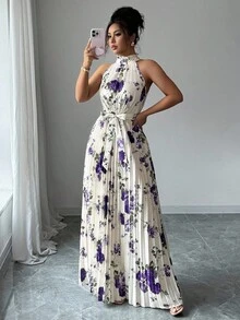 Selianne 花卉印花百褶收腰掛脖洋裝 - 紫色 - 查看 7