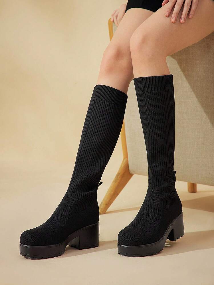 CUCCOO BASICS CUCCOO Fashion Versatile Black Chunky Heeled Over-The-Knee Boots