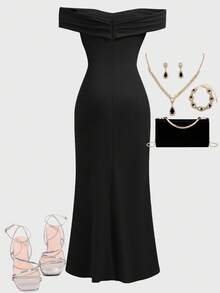 SHEIN Girlism Teen Girl Elegant Solid Color Off-Shoulder Ruffle Fitted High Slit Fishtail Hem Dress, Summer Elegant Dress Evening Wear Long Black Dress Classy Dress Black Dress Elegant Black Dresses Classy Elegant Fall Winter - Black - View 2