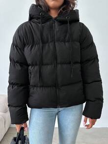 RueChic Zip Up Hooded Puffer Coat - Black - View 3