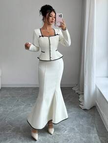 Elenzga Elegant Collared Contrast Ruffle Butterfly Button Decor Fitted Jacket, Contrast Ruffle Mermaid Hem Skirt - Apricot - View 4