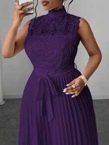Maweii 大码优雅蕾丝拼布褶皱腰连衣裙 - 紫色 - 查看 6