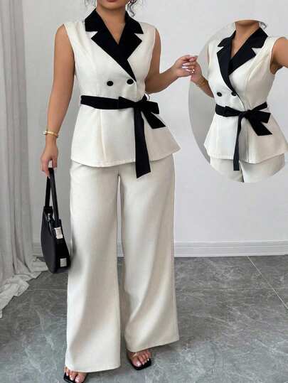 Elenzga Plus Size Woven Fabric Elegant Commuter Style Versatile Linen Blend Sleeveless Tie Collar Contrast Color Waist Cinched Double Breasted Women's Thin Blazer