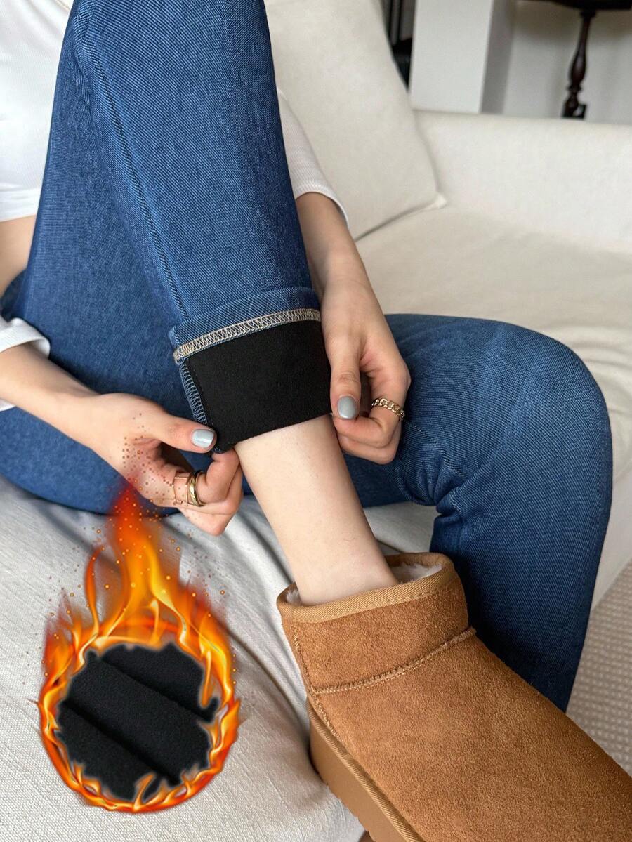 SHEIN Tall 女式秋冬不对称腰部紧身休闲保暖内衬弹力舒适牛仔裤 - 深色水洗藍 - 查看 1