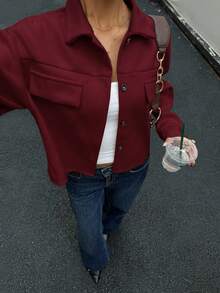 Siren Gaze 女士休闲百搭纯色短款大衣秋冬装 - 酒紅色 - 查看 3