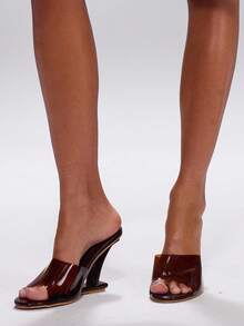 MUSERA Wooden Cut Out Wedge Acrylic Strap Heels - Coffee Brown - View 1