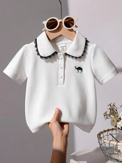 SHEIN Playful Pals Baby Girl Casual Contrast Color Lace Trim Polo Shirt Top, Spring/Summer
