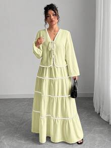 SHEIN Tall 大码女式纹理编织长袖系带前撞色荷叶边设计松紧腰长裙法式浪漫两件套 - 黃色 - 查看 4