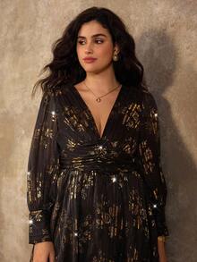 Roveilla Robe de soirée à manches longues, col en V, froncée avec décoration de boutons, grande taille, automne/hiver - Noir - Voir 3