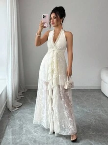 Elenzga Sleeveless V-Neck Lace Ruffle Hem Elegant Romantic Wedding Guest Dress For Women, White Dress