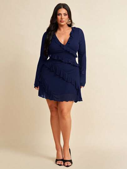 SHEIN BAE 加大码长袖连衣裙，浪漫甜美荷叶边秋季连衣裙，适合约会、旅行、秋季内衣、蝴蝶结、女士夏季连衣裙、女士节日派对服装、优雅、生日服装、网眼、性感连衣裙、生日礼服、返校女孩服装、女孩夏季服装、秋季服装、校服、万圣节、冬季、Y2k 服装、复古、女士度假服装、加大码女装、女士夏季连衣裙、7 月 4 日女士