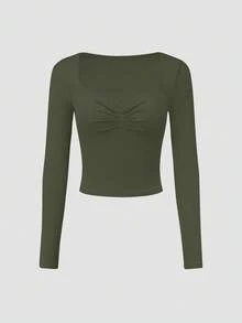 Chiquease Conjunto de 3 camisetas de manga larga de punto con cuello de pico, en color rosa, albaricoque y negro, de estilo elegante y casual para otoño/invierno. Camisetas de punto suaves y elásticas, de ajuste ceñido, ideales para uso diario y combinar con diferentes looks. Conjunto de 3 tops básicos para mujer, perfectos para el Día de San Valentín. - Verde militar - Ver 3