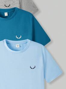 4pcs/Set Teen Boy Casual Solid Color Crew Neck Loose Knit Short Sleeve T-Shirts - Blue - View 4