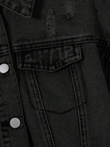 SHEIN Teen Girl Ripped Flap Pocket Raw Hem Trim Button Crop Denim Jacket