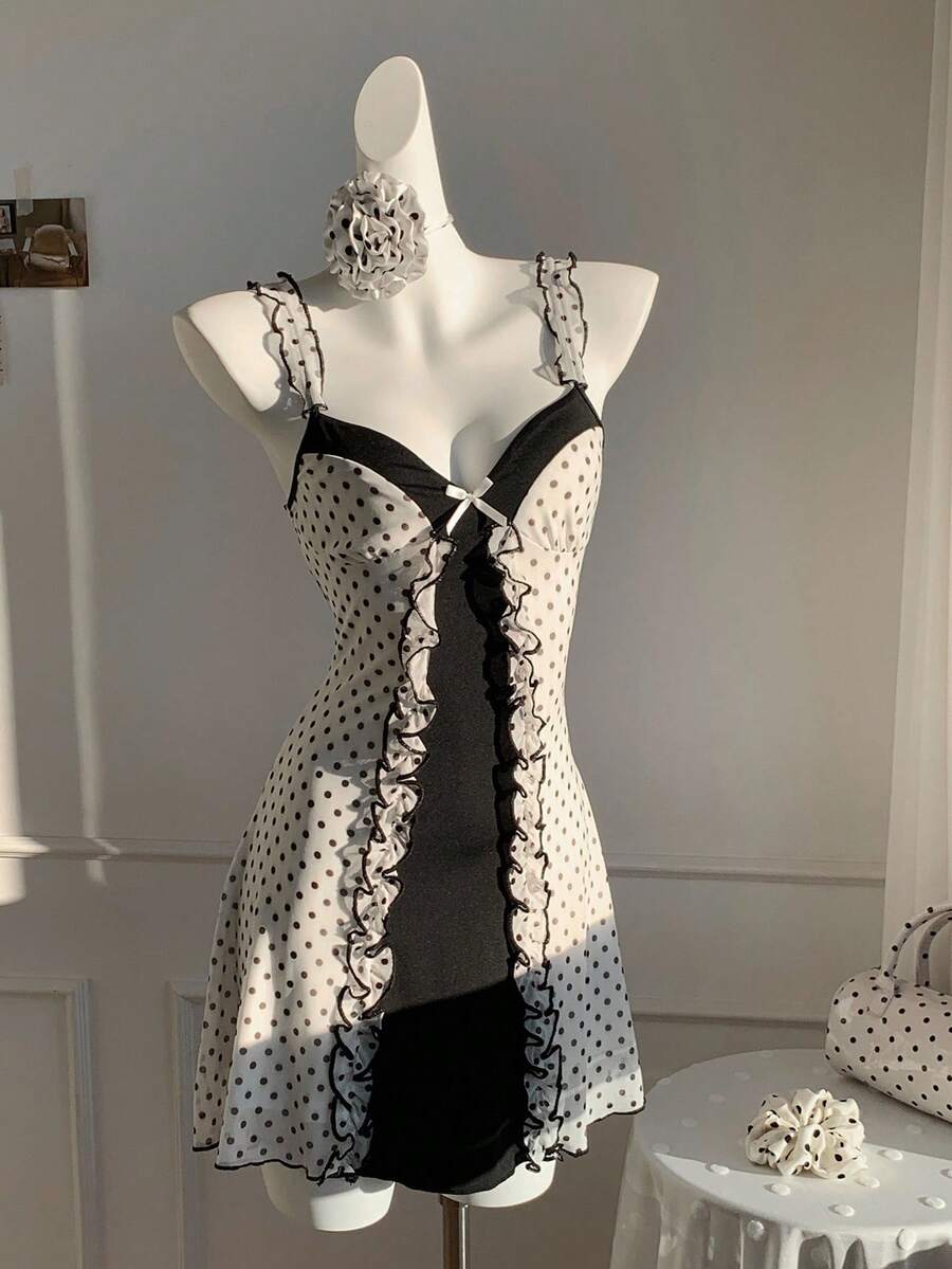Comfortcana Women's Elegant Contrast Color Polka Dot Print Camisole Mini Dress, Summer - Black and White - View 1