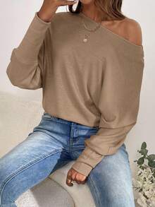 SHEIN Clasi Áo thun tay cánh dơi trơn màu đơn giản dành cho nữ - Lạc đà - Xem 5