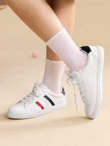 CUCCOO EASI Women's Lace-Up Contrast Color Flat Casual Sneakers - White - View 4