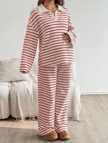 SHEIN 2 件孕妇休闲条纹上衣和裤子套装，秋季孕妇裤套装条纹孕妇套装 2 件孕妇装孕妇家居服套装孕妇条纹两件套 - 紅白色 - 查看 4