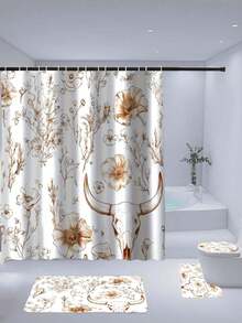 SHEIN 1 件复古植物与动物图案浴帘 - 乡村骷髅、棕褐色调、野玫瑰与罂粟花设计，防水涤纶，带 12 个挂钩，70x70 英寸，非常适合自然风格的浴室，防水窗帘 | 乡村风格浴室配件 | 棕褐色调窗帘，浴室浴帘套装 - 彩色 - 查看 7