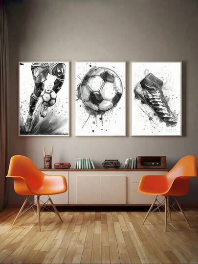 SHEIN 1/3 piezas Artes de pared de lienzo con tema de fútbol en blanco y negro modernos, impresiones, tríptico de tinta de fútbol sin marco, decoración deportiva para sala de estar, dormitorio, comedor, perfecto para la decoración de la habitación, sin marcos