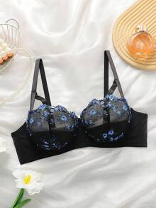 Elorette 1pc Plus Size Mesh Embroidered Underwire Bra Floral Bra Balconette Bra Plus Size Bra Plus Size Push Up Bra Embroidered Bra, Lift - Multicolor - View 6
