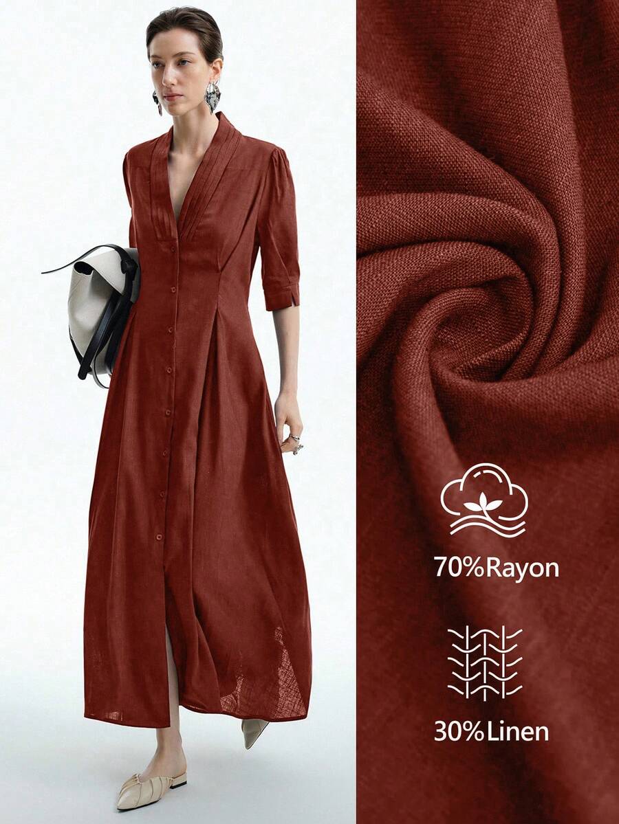Aalyst Robe élégante de mode pour femmes, décontractée et confortable, charmeuse, rétro et minimaliste. Design à taille haute, col plissé et manches évasées court - Tabac - Voir 1