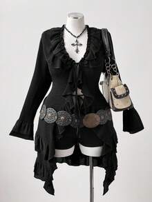 Sunspun Plus Size Women Solid Color Flare Sleeve Ruffle Patchwork Front Tie Fashionable Jacket Fall Winter Cloth For Women Autumn - Black - View 3