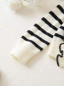 SHEIN Playful Pals Pearl Button Ruffle Trim Long Sleeve Cardigan & Striped Casual Elegant Versatile Pants Set Fall Winter