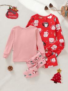 Cozy Pixies Baby Girl Christmas Santa,Pine Tree,Reindeer & Snowman Knit Pajama Set,2 Pieces Snug Fit Crew Neck Top & Pants,Pink And Red,Autumn,Casual,Birthday - Pink - View 2