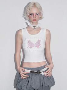 ROMWE Kawaii Quirky Girl 蕾丝拼布天使翅膀女式背心 - 白色 - 查看 1