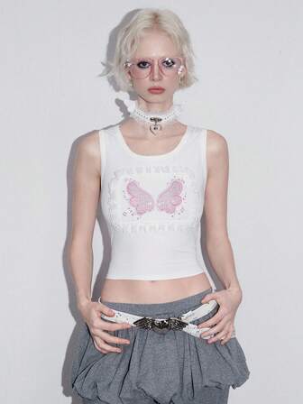 Débardeur femme avec patchwork de dentelle et ailes d'ange, style kawaii et original